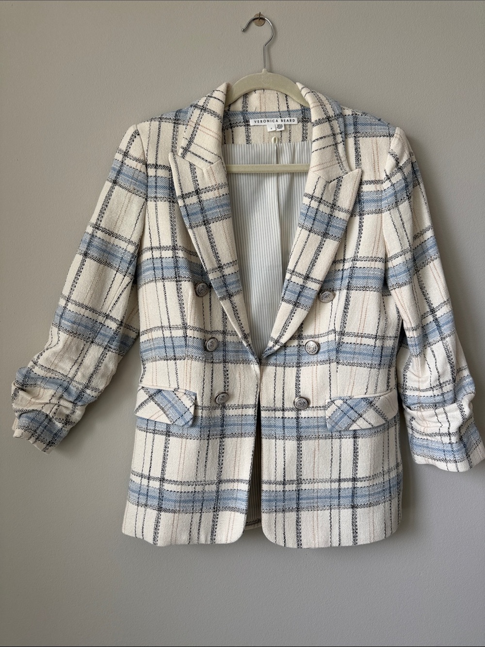 Veronica Beard Cream and Light Blue Plaid Double-Breasted Blazer